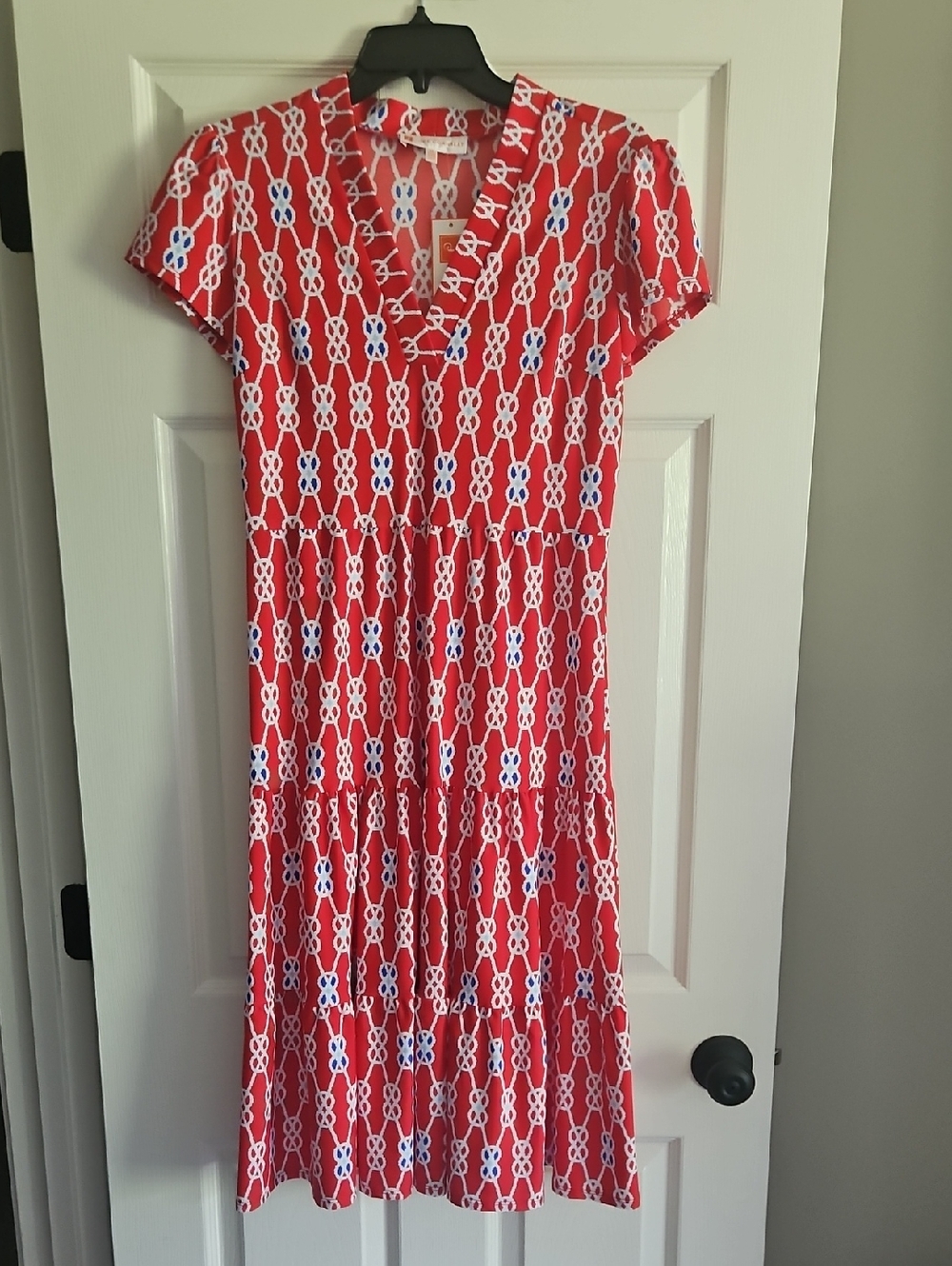 Jude Connally V-neck Puffed Short Sleeve Tiered Midi Dress: Sailors Knot Red: XS